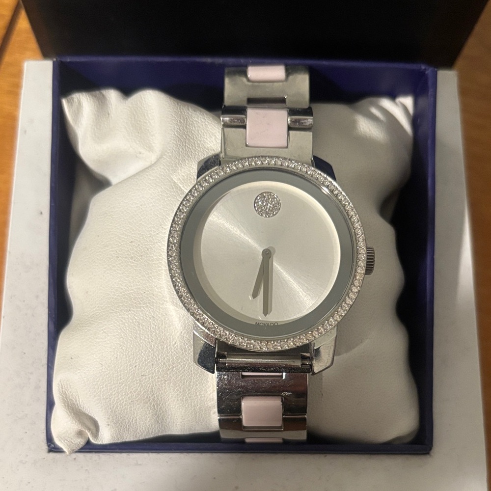 Movado Silver Watch with Pink Accents
